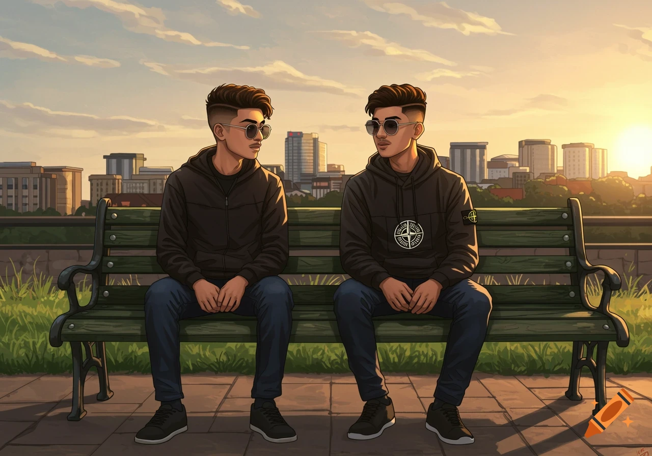Two cartoon-style young men in Stone Island hoodies and sunglasses sit on a park bench at sunset, city skyline in background.