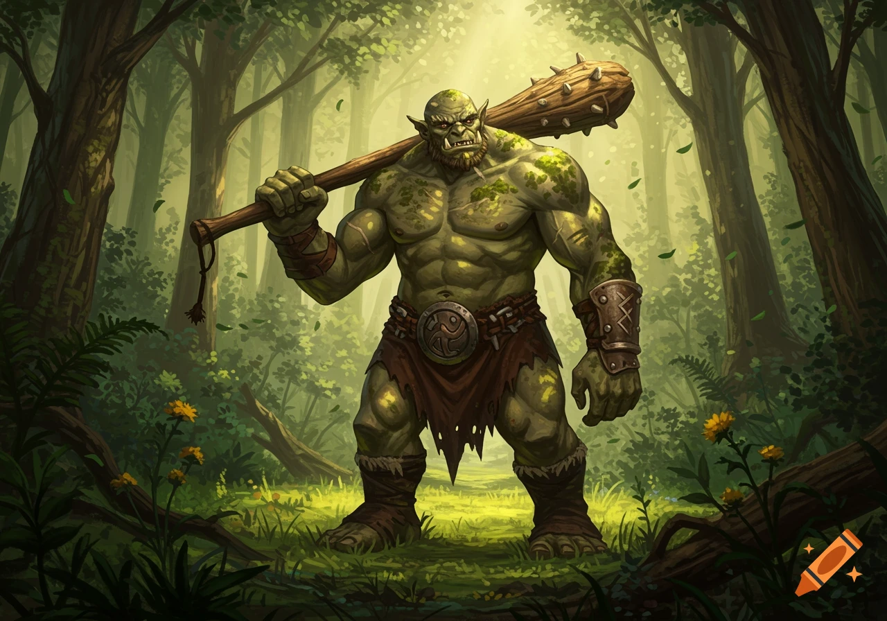 A muscular, green-skinned ogre holding a wooden club stands in a sunlit forest, detailed illustration.