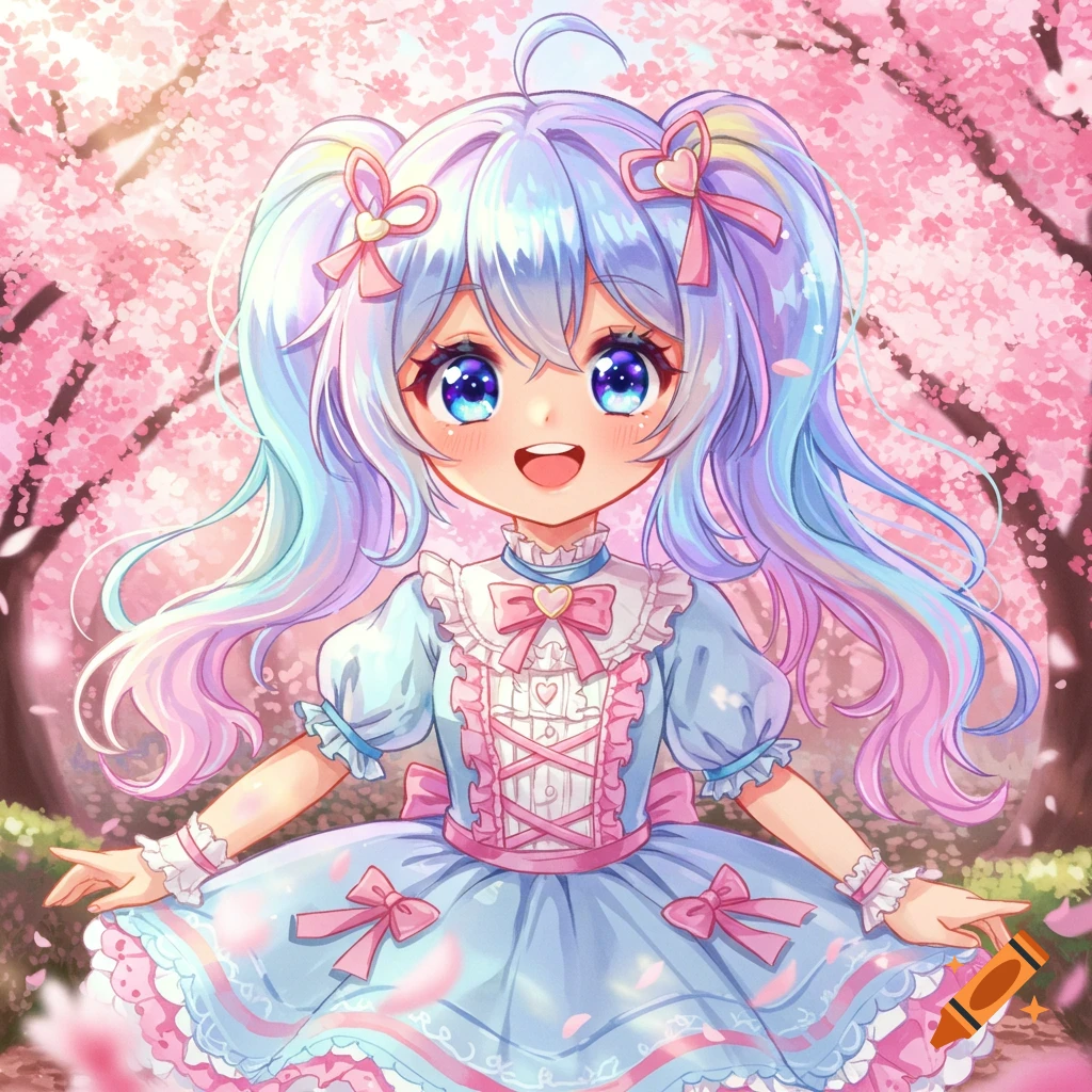 A cute anime girl with pastel rainbow hair, wearing a frilly blue and pink dress, stands smiling in a cherry blossom forest.