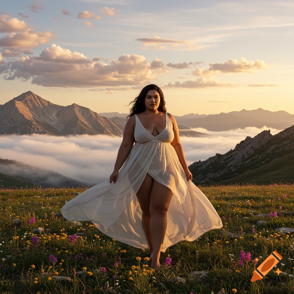 A plus-size woman in a sheer white dress walks through a field of wildflowers with misty mountains and a sunset sky in the background.