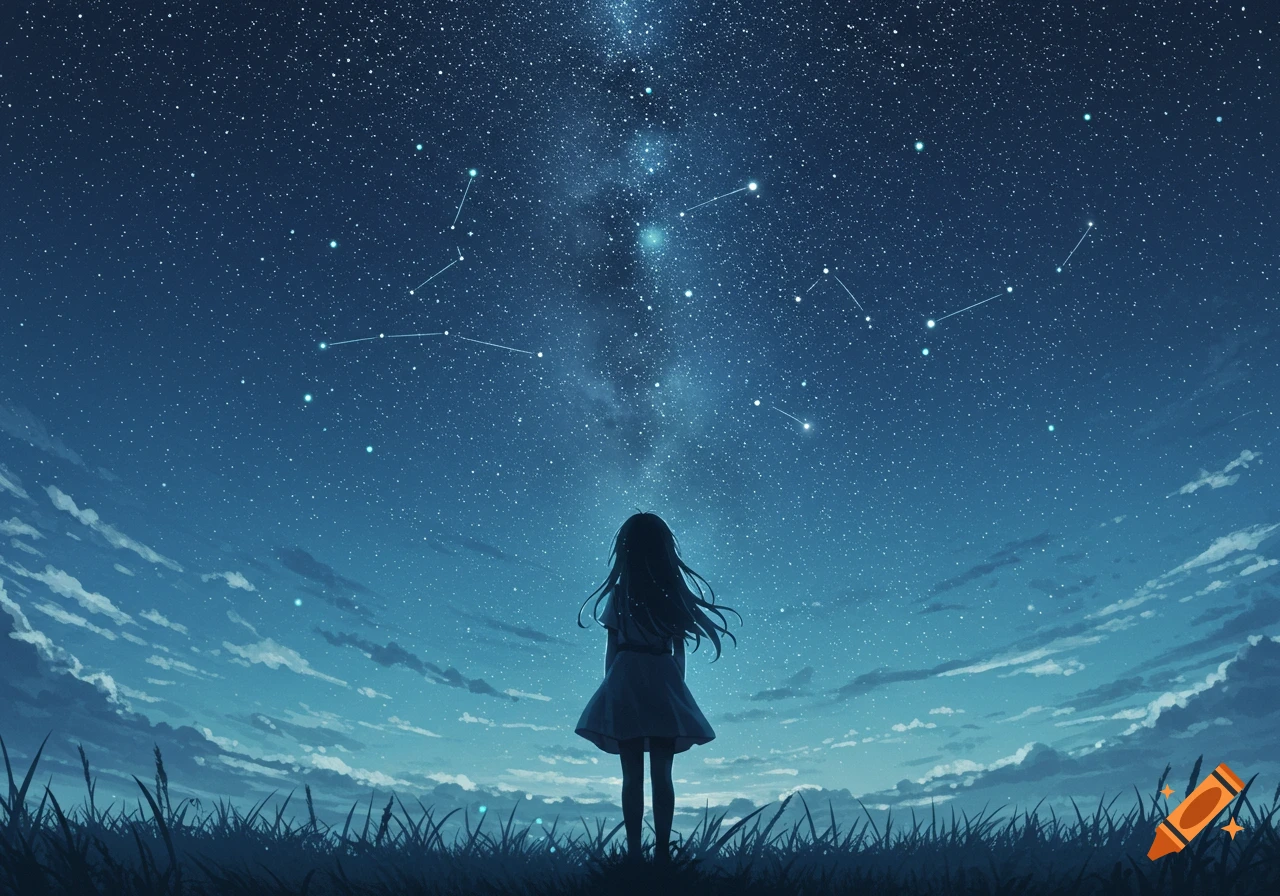 An anime girl stands in a field looking up at a vibrant starry night sky.
