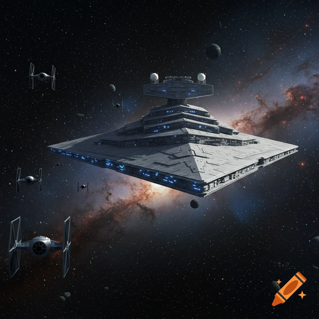 A large Imperial Star Destroyer with blue lights flies through space, accompanied by TIE fighters, against a nebula background.