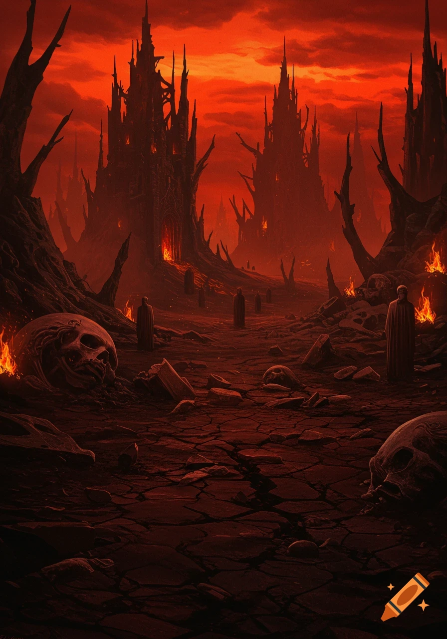 A desolate, hellish landscape under a fiery red sky, featuring dark, twisted gothic structures, burning skulls, and cloaked figures in the style of Zdzisław Beksiński.