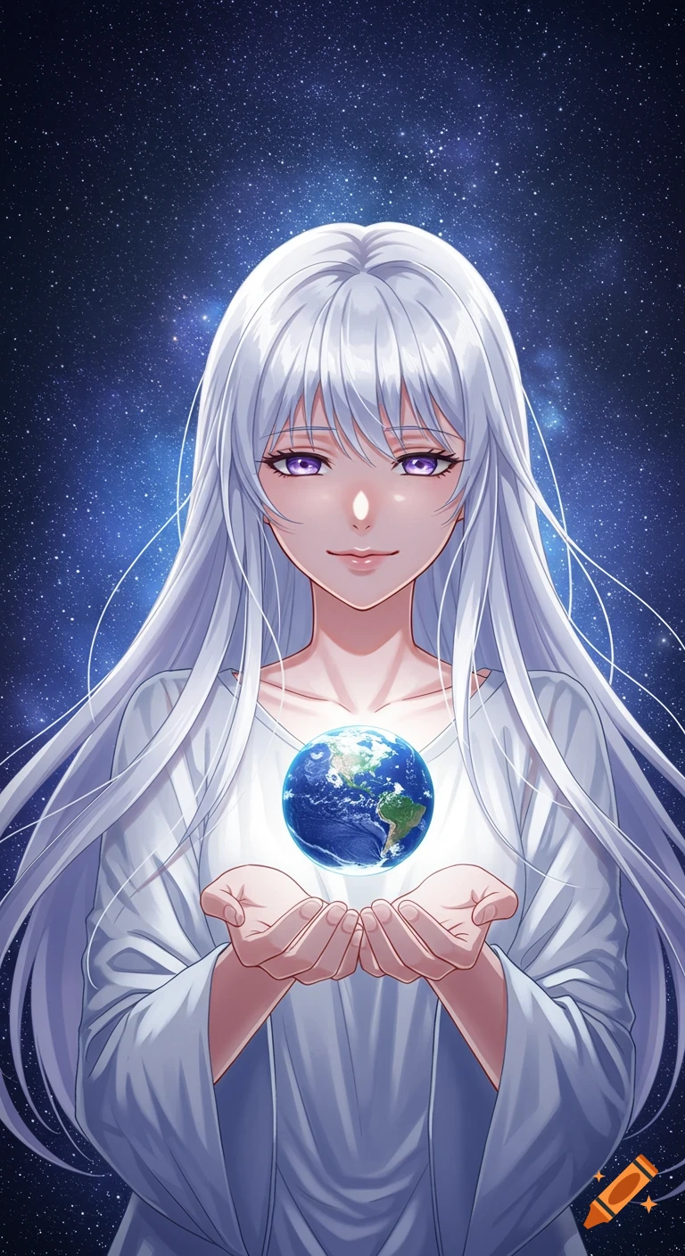 An anime woman with long white hair and purple eyes, wearing a white robe, holds the glowing Earth in her hands against a starry blue sky.