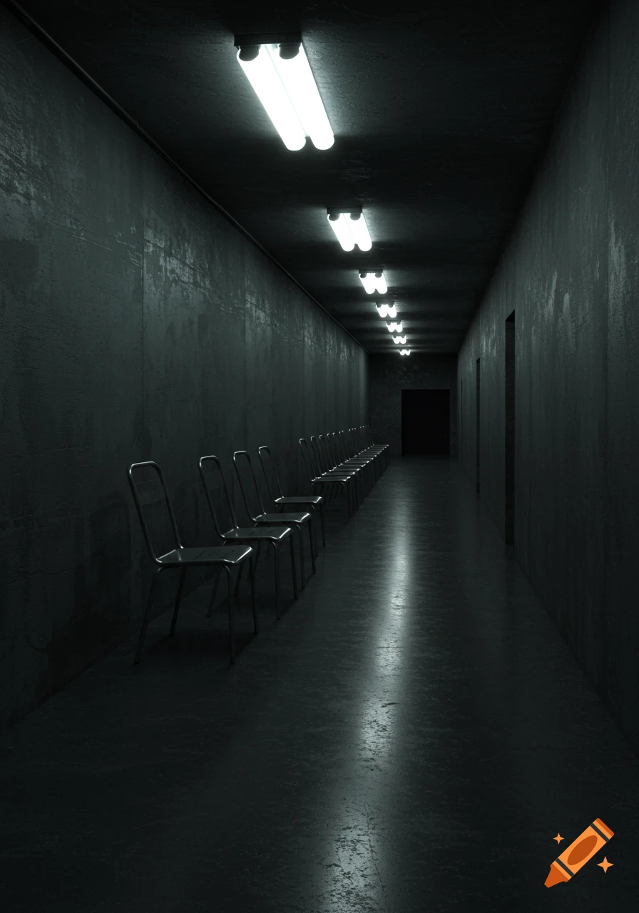 A long, dark corridor with fluorescent lights on the ceiling illuminating a row of empty chairs along one wall.