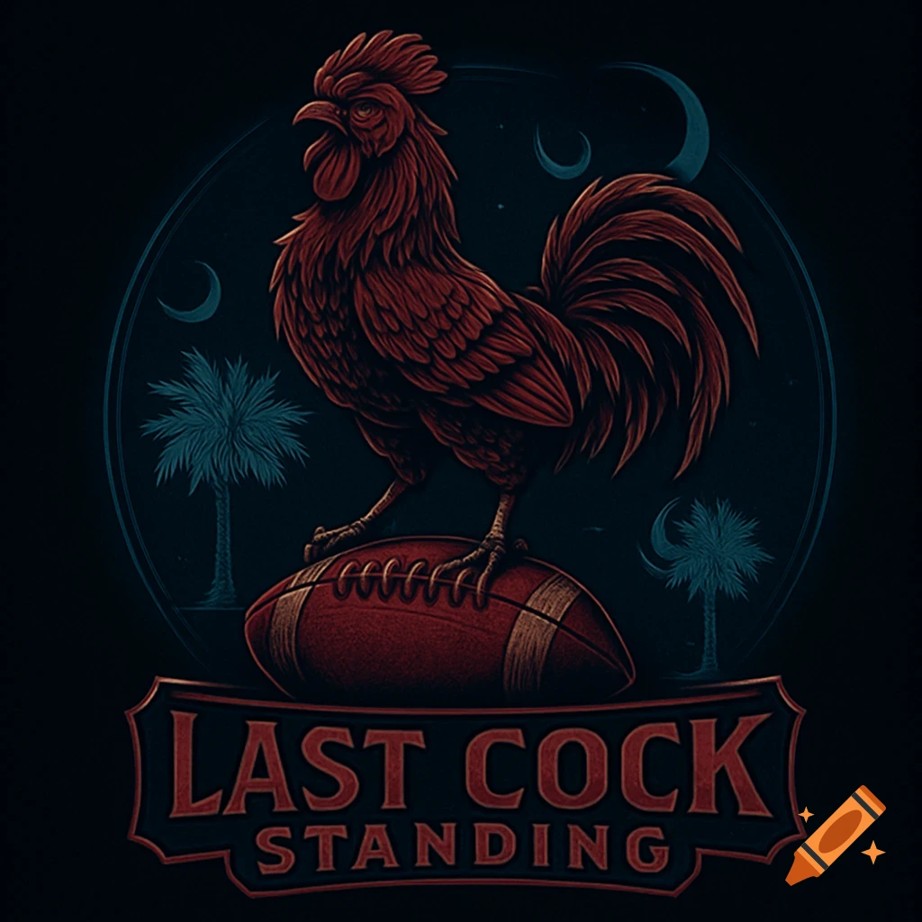 Stylized logo featuring a red rooster standing on a football, with palmetto trees, crescent moons, and the text 'Last Cock Standing'.