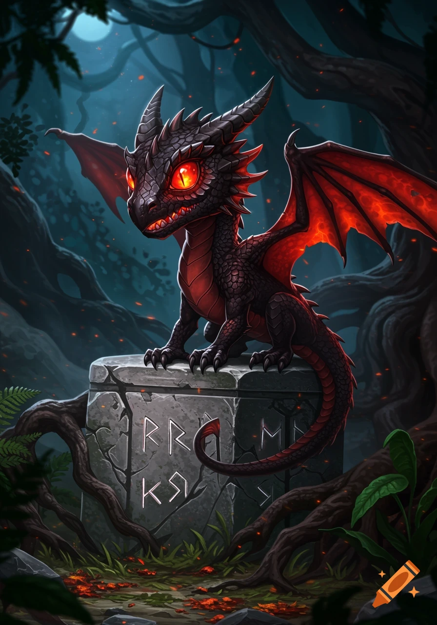 A small, black and red stylized baby dragon with glowing orange eyes sits on a stone block with runes in a dark, mystical forest.