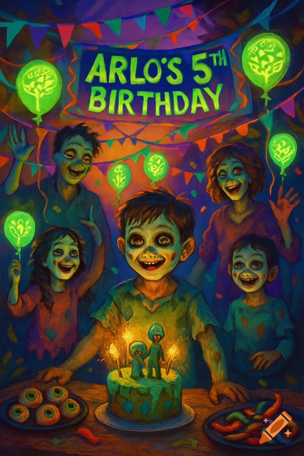 A colorful, stylized illustration of a zombie-themed 5th birthday party, with zombie-like children and adults gathered around a cake with candles.