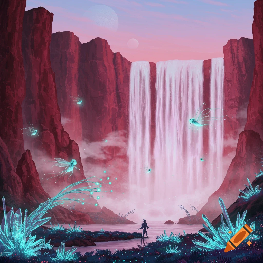 A vibrant alien landscape with a large waterfall, glowing blue crystals, ethereal creatures, and a lone figure. Features a pink sky and two moons.