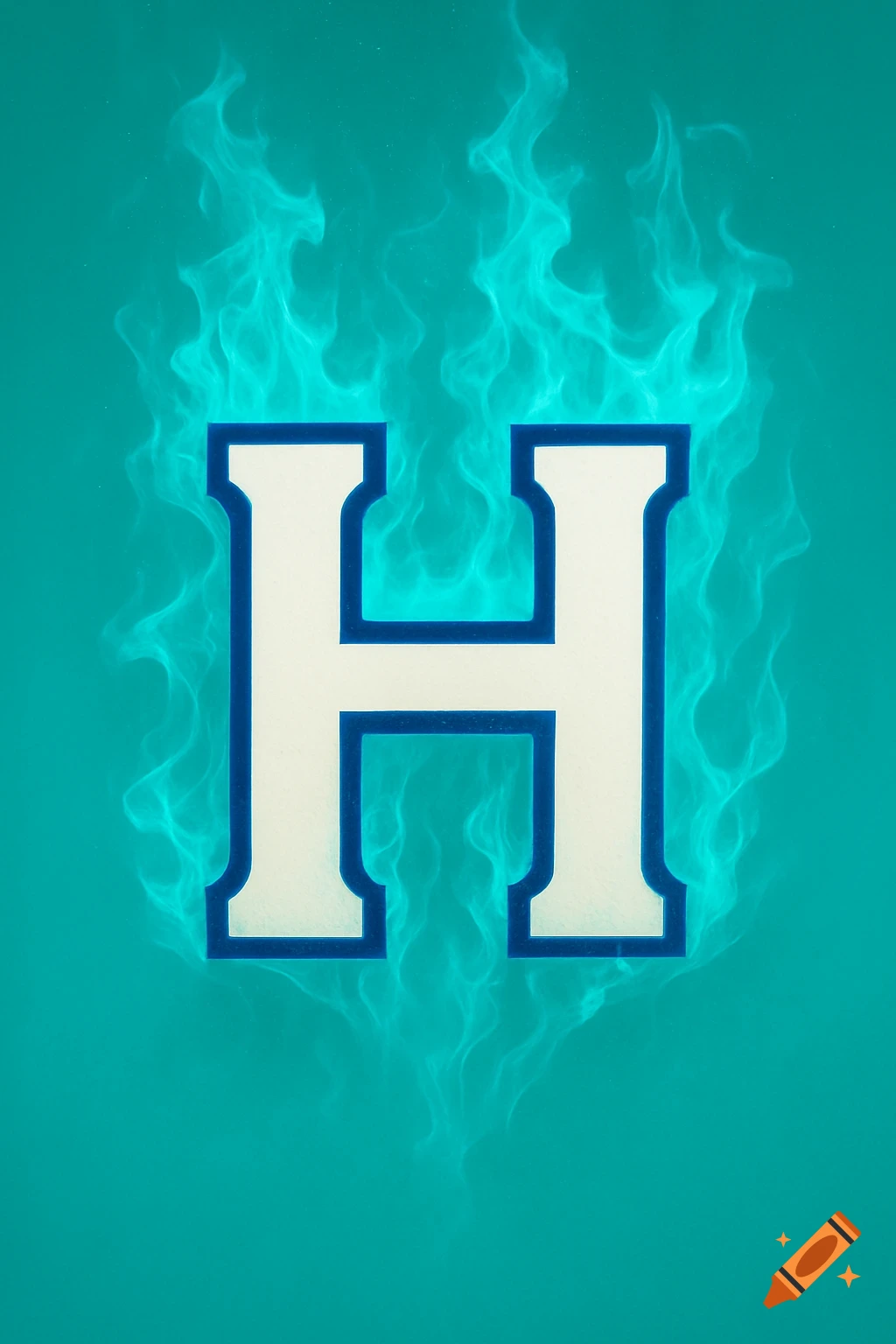 A bold white letter H with a blue outline, surrounded by teal flames, against a teal background.