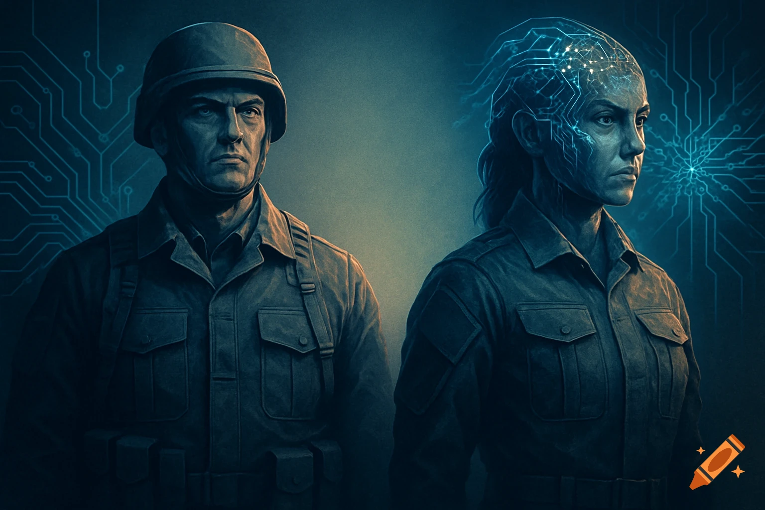 A man in military uniform and helmet stands next to a woman with glowing circuit patterns on her head, against a dark, tech-themed background.