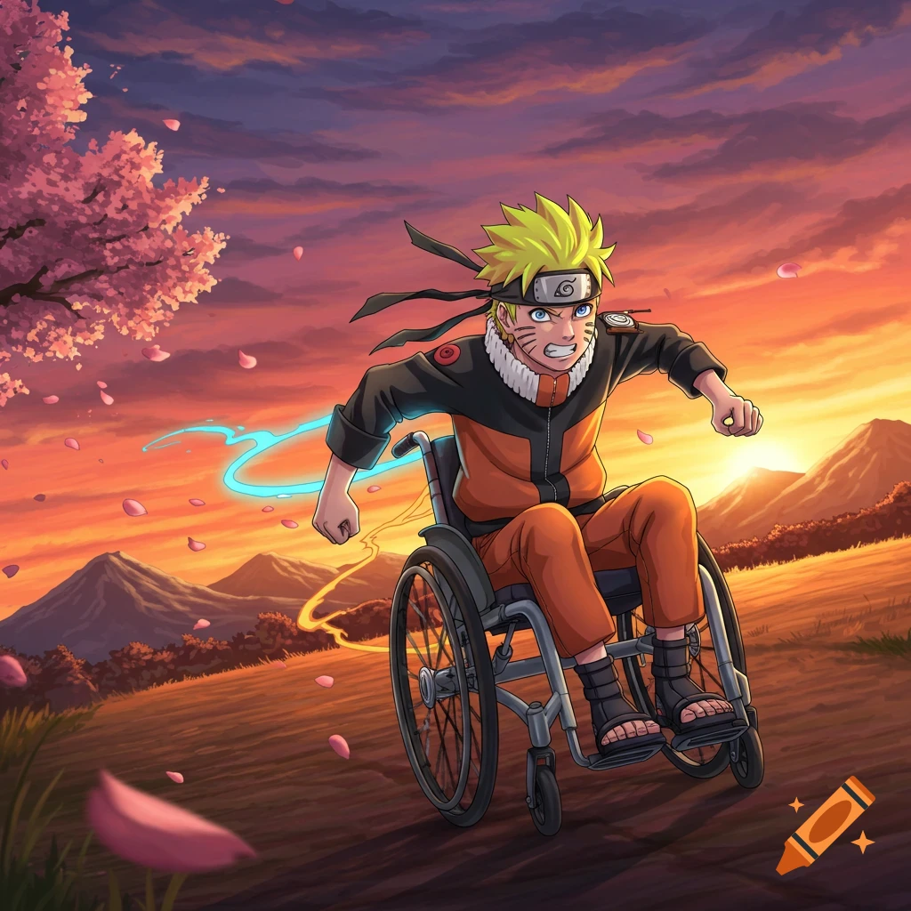 Anime character Naruto in a wheelchair, pushing with determination on a dirt path under a vibrant sunset sky.