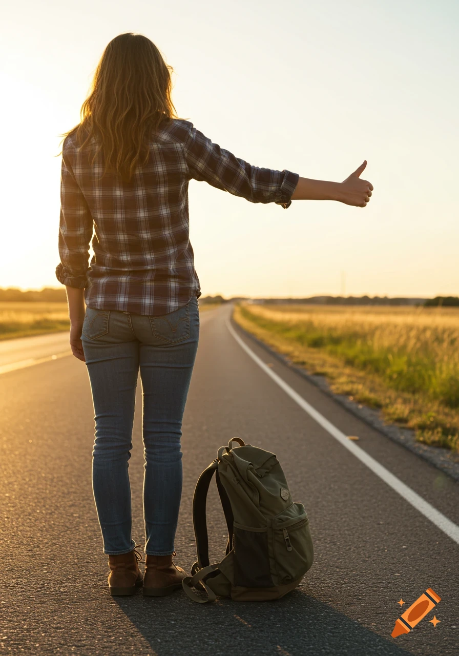 A woman stands on a rural road at sunset, backpack beside her, with her thumb out to hitchhike.