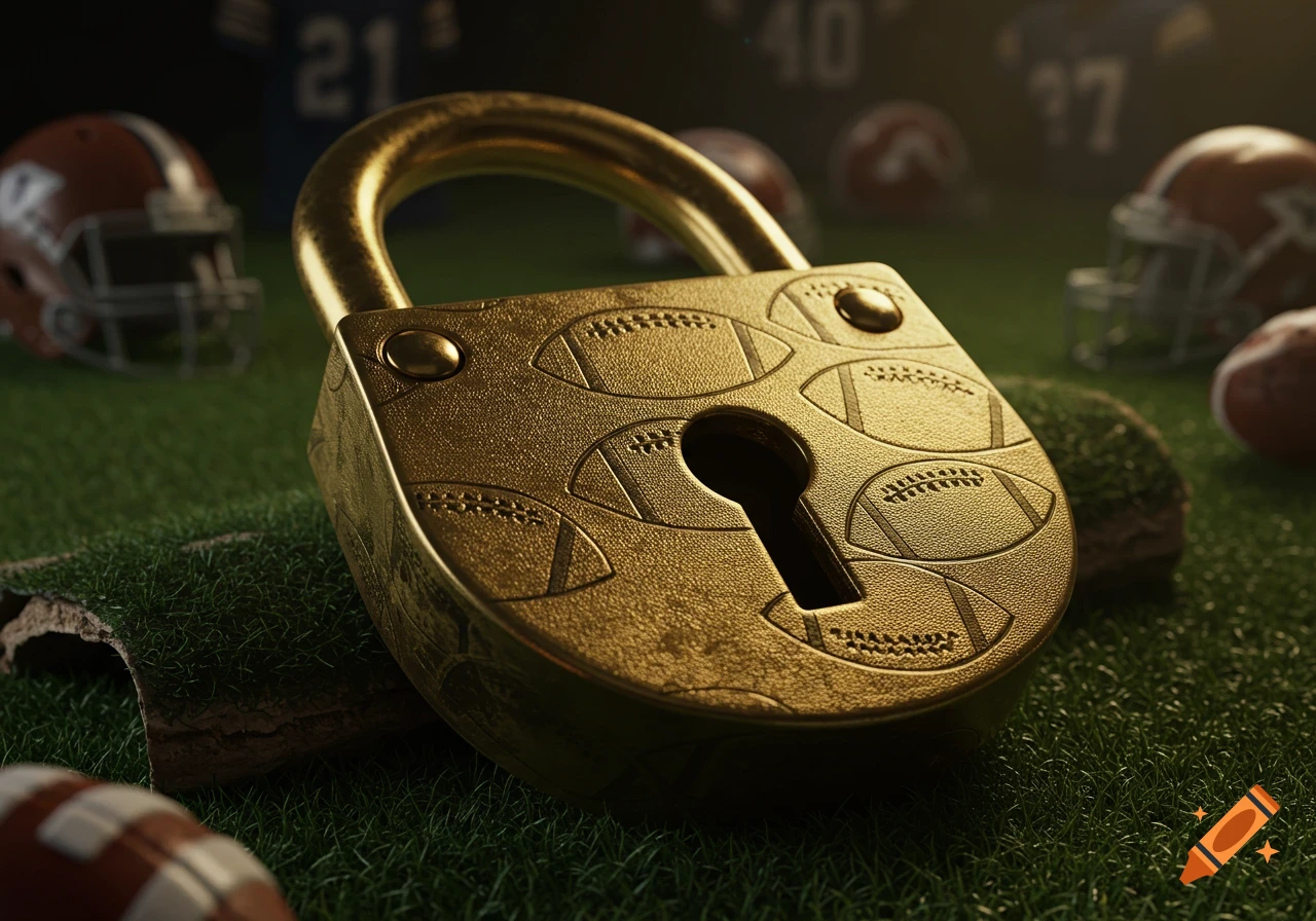 A close-up, photorealistic image of a golden padlock embossed with football designs, resting on a grassy field. Blurry football helmets and another football are in the background.