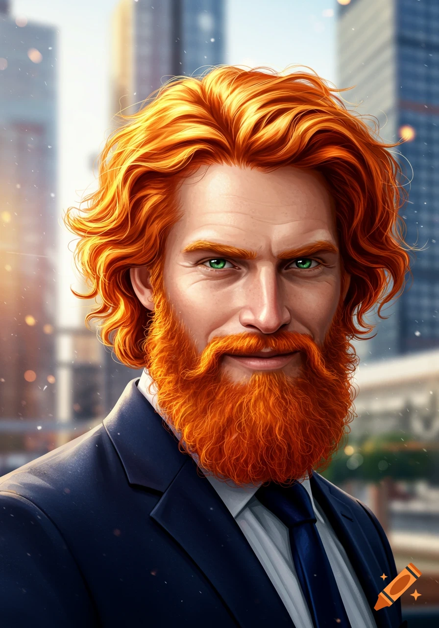 A close-up portrait of a red-haired man with a beard and green eyes, wearing a dark suit and tie, against a blurred city background.