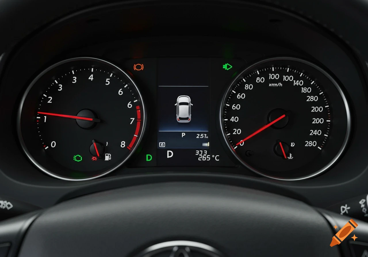 A close-up of a Toyota Camry dashboard, showing the speedometer, tachometer, and a digital display with gear indicator.