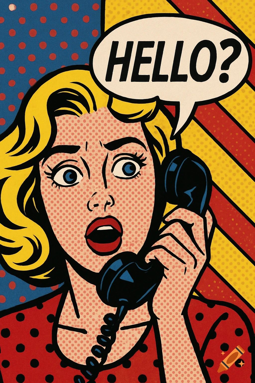Pop art illustration of a surprised blonde woman holding a telephone, with a speech bubble saying 'HELLO?'.