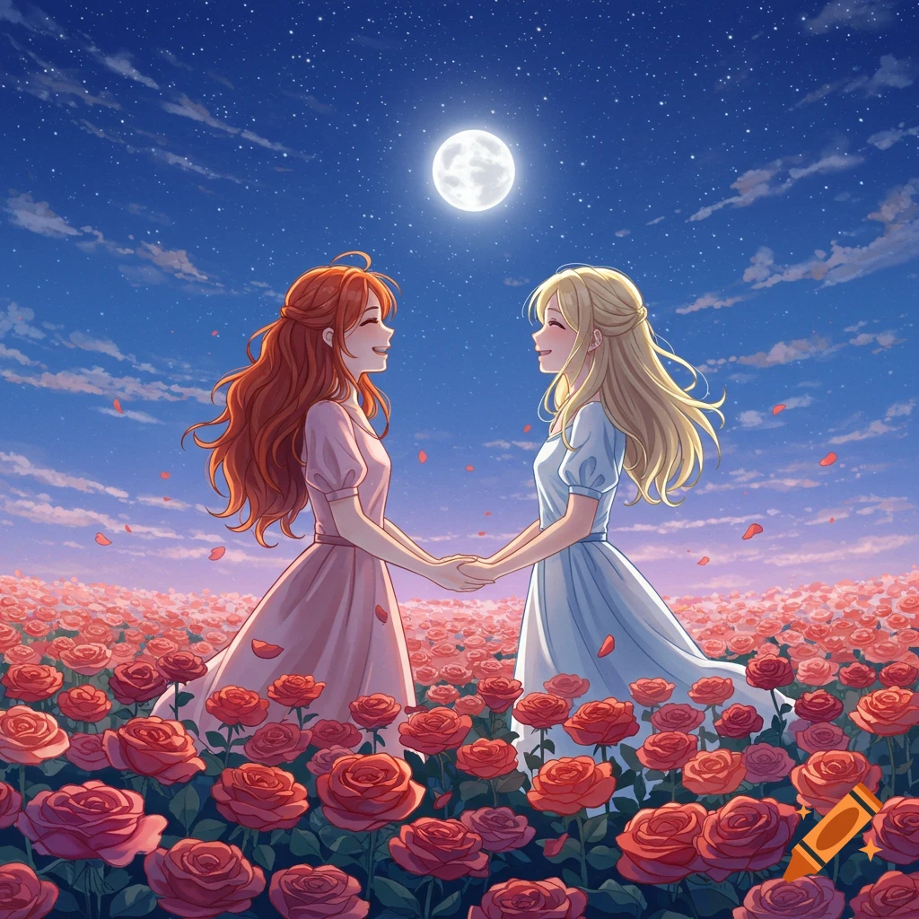 Anime illustration of a redhead and a blonde woman holding hands and smiling in a field of red roses under a starry night sky with a full moon.