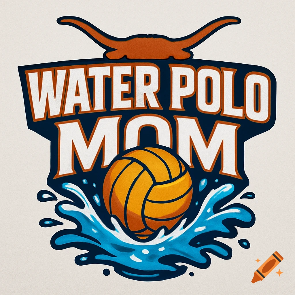 Graphic design with 'WATER POLO MOM' text, a water polo ball splashing in blue water, and an orange longhorn outline.