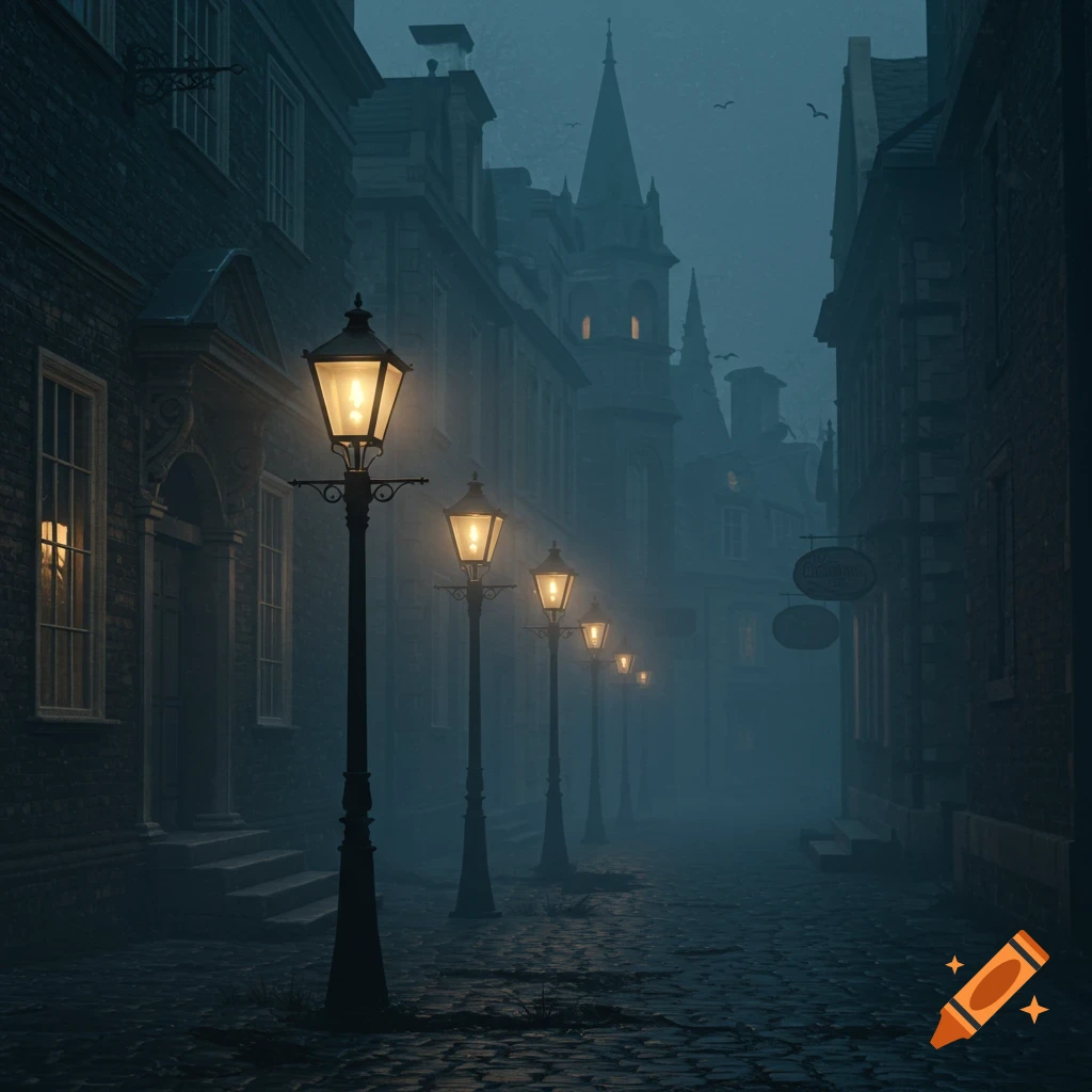 A dark, foggy Victorian-era street at night with a row of glowing gas lamps leading into the misty distance.