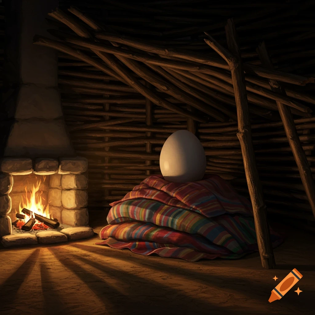 A painting of a large white egg on colorful blankets by a crackling stone fireplace in a rustic twig hut, casting long shadows.