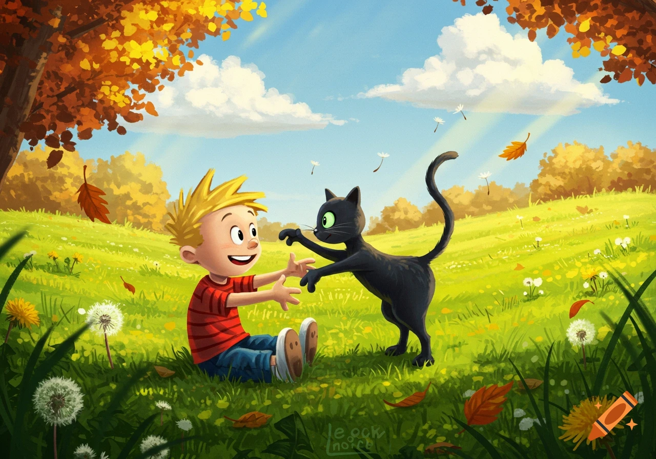 A cheerful cartoon boy, resembling Calvin from Calvin and Hobbes, sits in an autumn field with falling leaves, reaching out to play with a black cat.