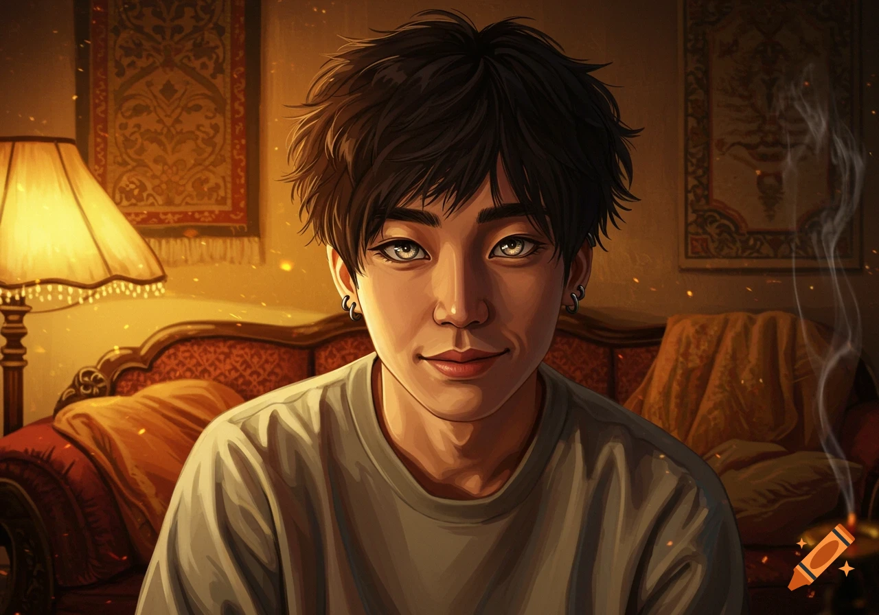 An illustrated portrait of an Asian man with a warm smile and intense eyes in a cozy, softly lit room.