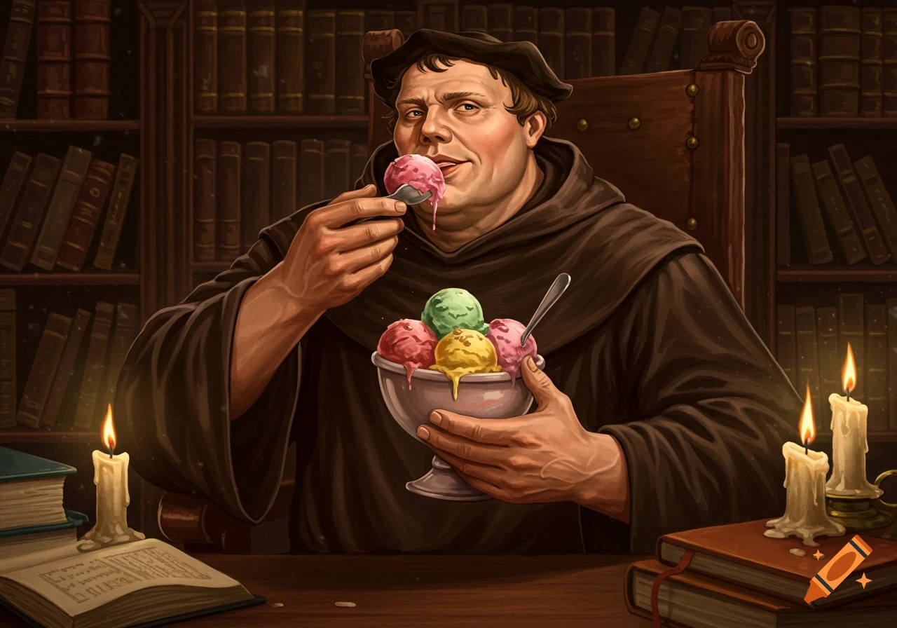 Illustration of Martin Luther in a friar's robe eating a bowl of ice cream in a library.