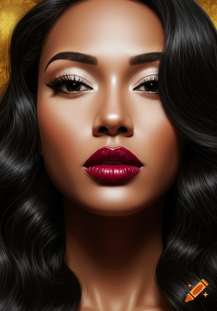 Photorealistic close-up portrait of a woman with dark hair, prominent red lipstick, and detailed eye makeup.