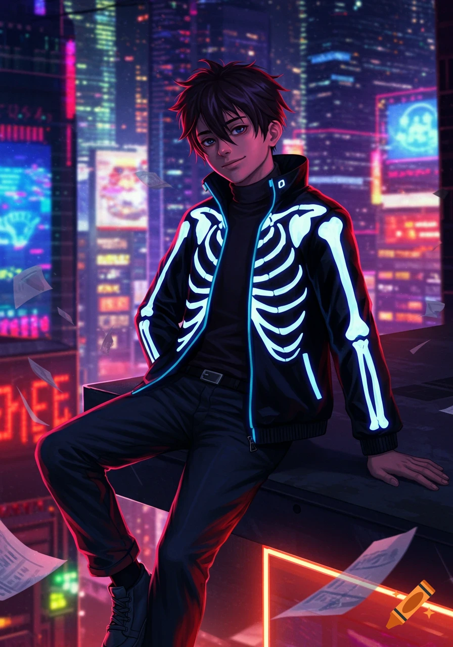 An anime boy in a glow-in-the-dark skeleton jacket sits on a ledge overlooking a neon-lit cyberpunk city at night.