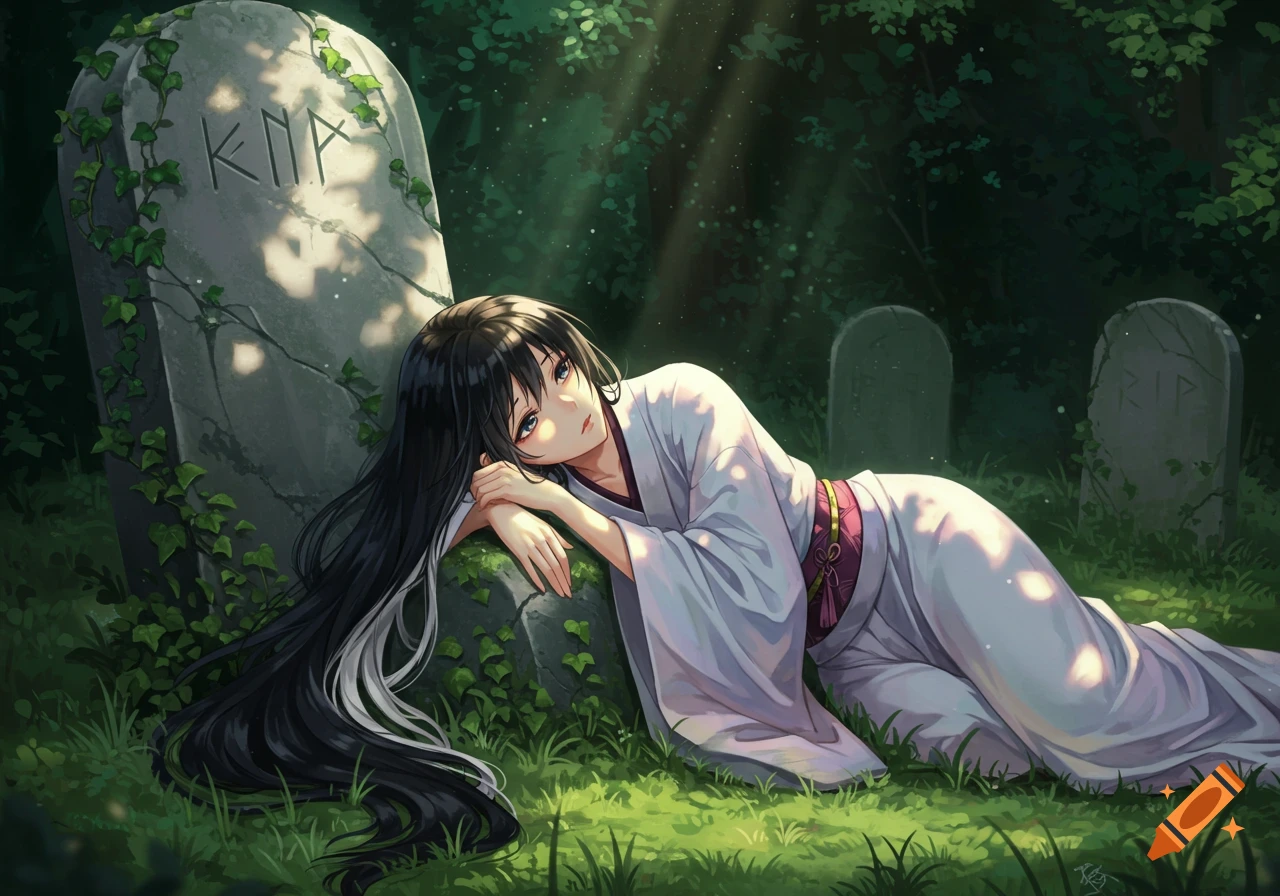 Anime girl with long black hair leaning against a gravestone in a lush, sun-dappled cemetery.