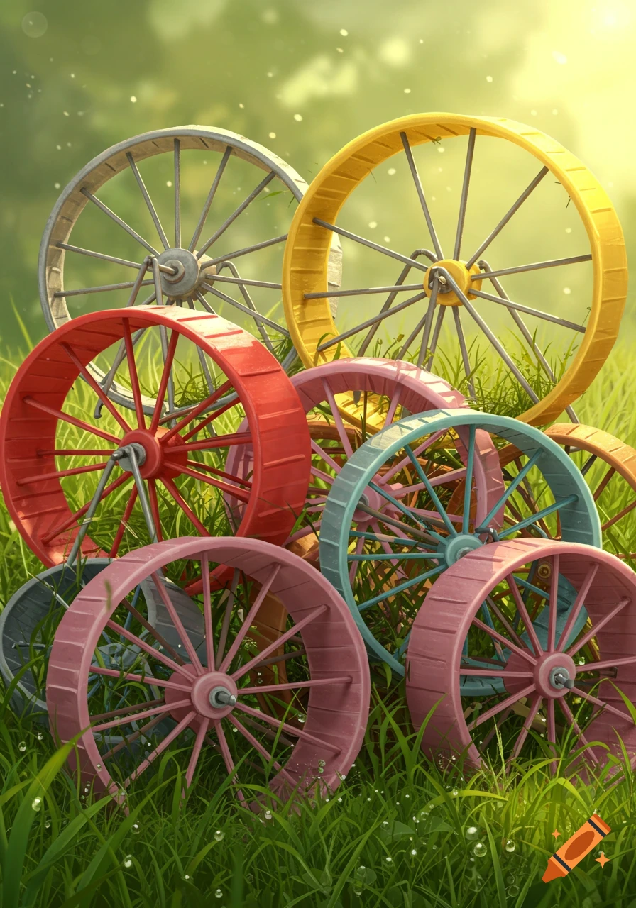 A colorful pile of red, yellow, pink, blue, and grey hamster wheels lies in green grass with water droplets.