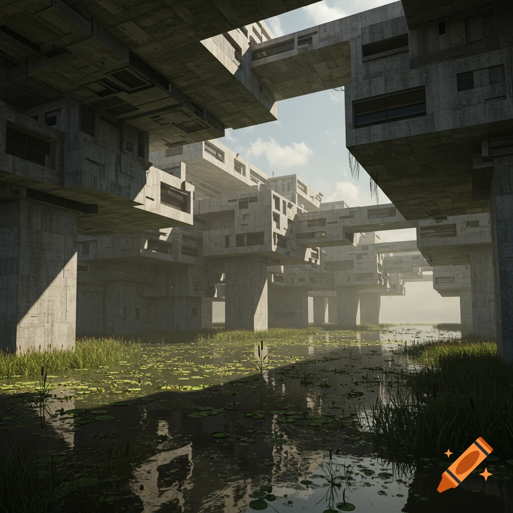 A futuristic brutalist city of concrete structures built over a swamp with lily pads and reeds, under a cloudy sky.