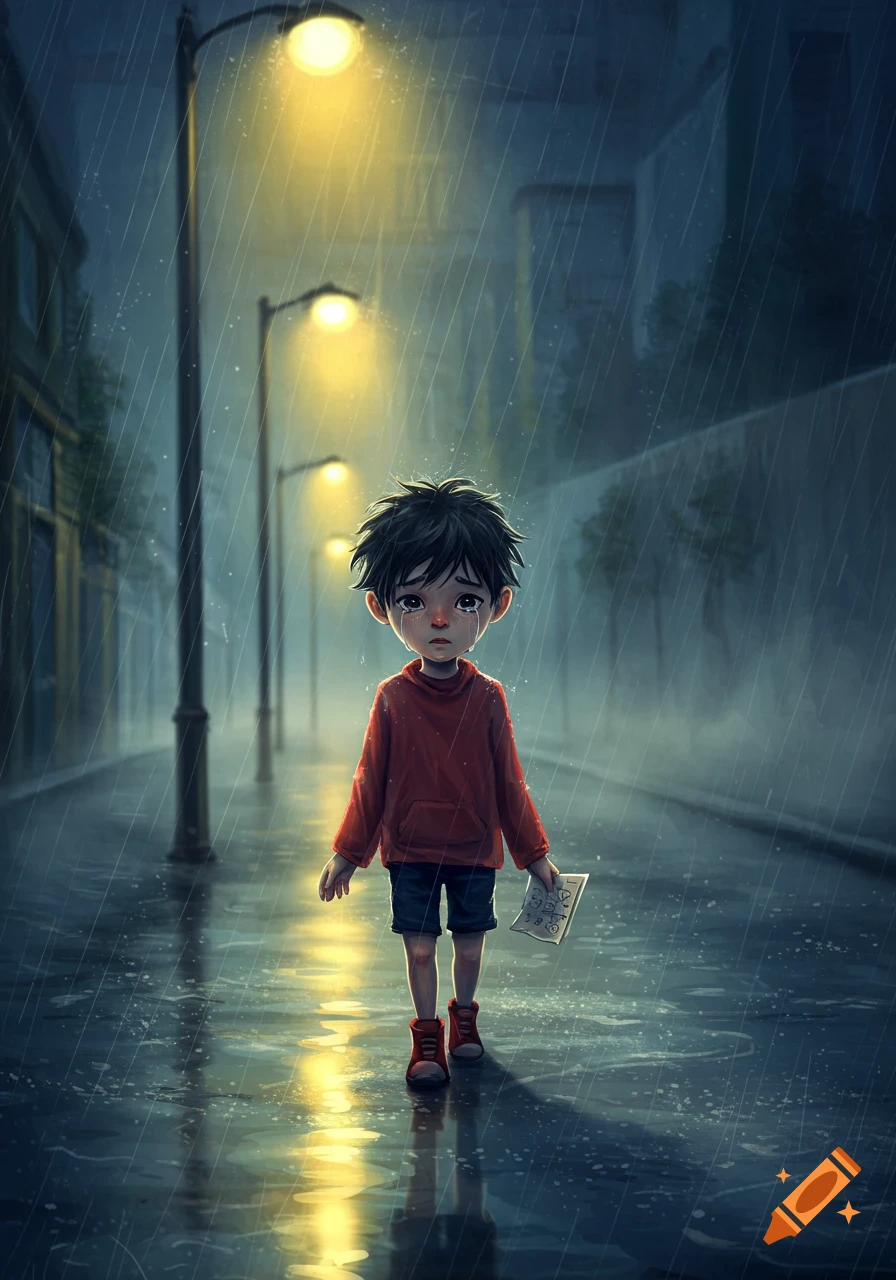 A crying child in a red hoodie and shorts walks alone down a wet street in the rain under streetlights, holding a piece of paper. Stylized illustration.