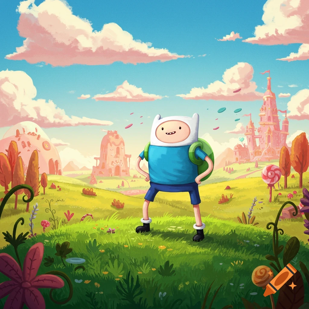 Finn from Adventure Time stands in a vibrant, whimsical landscape with colorful buildings and plants under a blue sky.