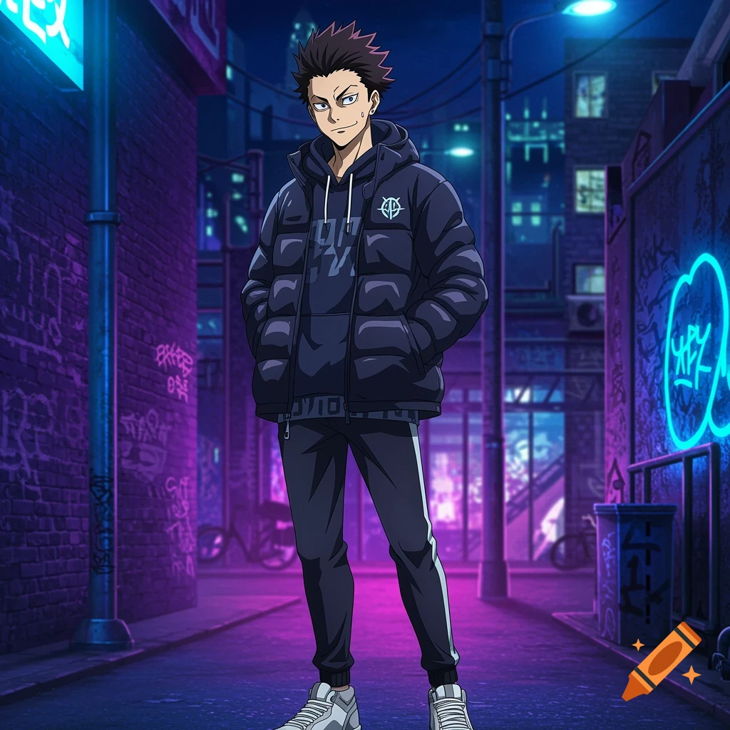 Anime character in a dark puffer jacket and sweatpants stands in a neon-lit urban alleyway with graffiti.