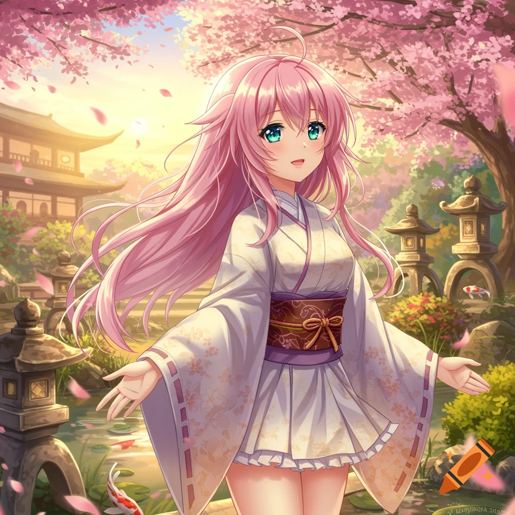An anime girl with long pink hair and a white kimono stands in a sunny ...