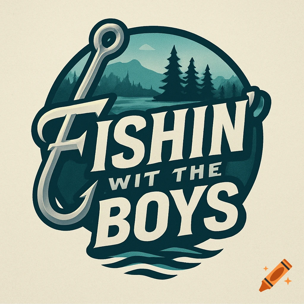 A circular logo featuring a large fishing hook, mountains, a lake, and the text 'FISHIN WIT THE BOYS' in a bold, illustrative style.