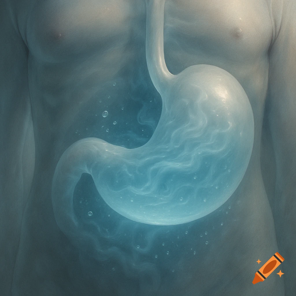 A translucent human stomach filled with air and bubbles, visible within a faint human torso.