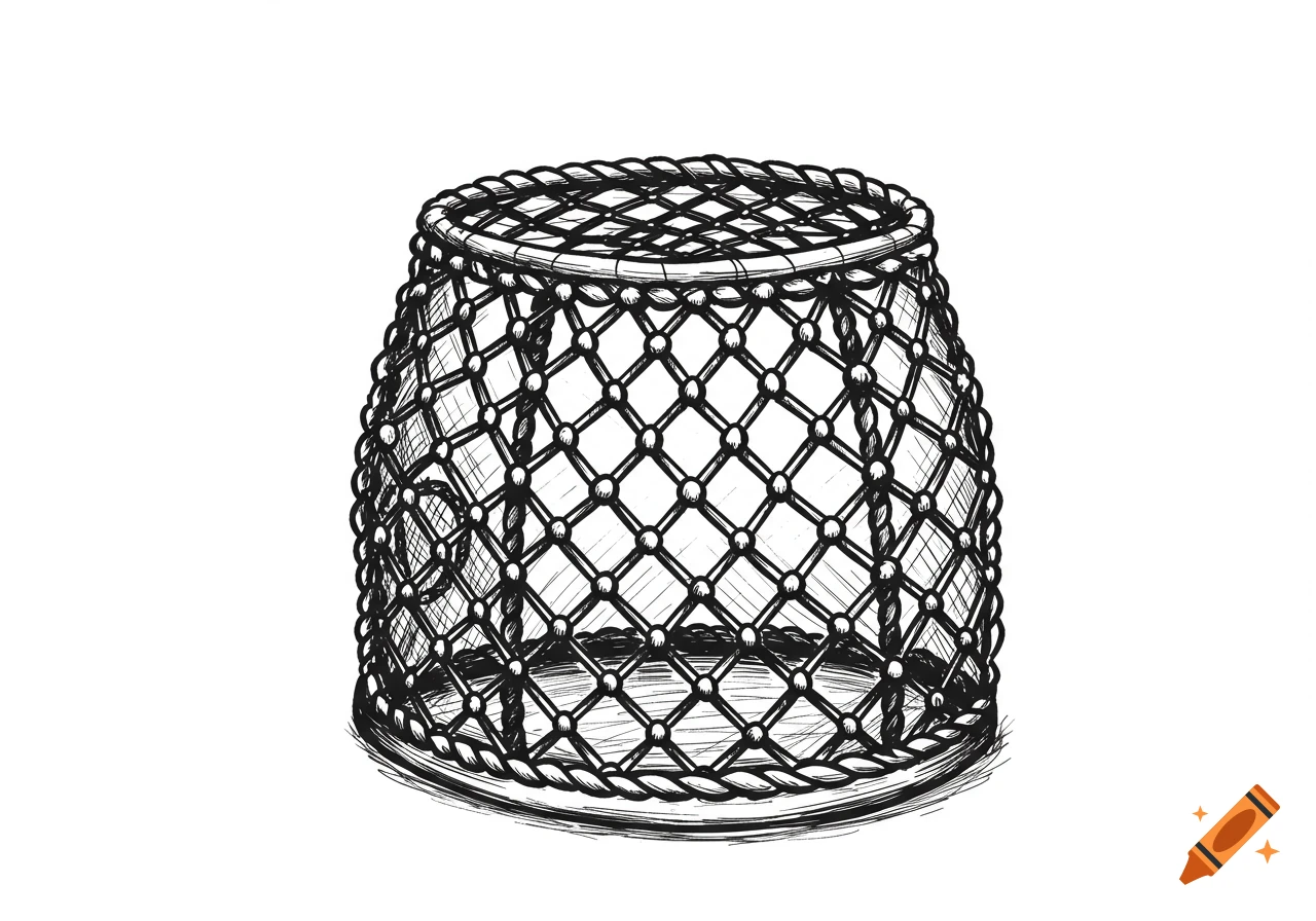 Black and white sketch of a lobster pot on a white background.