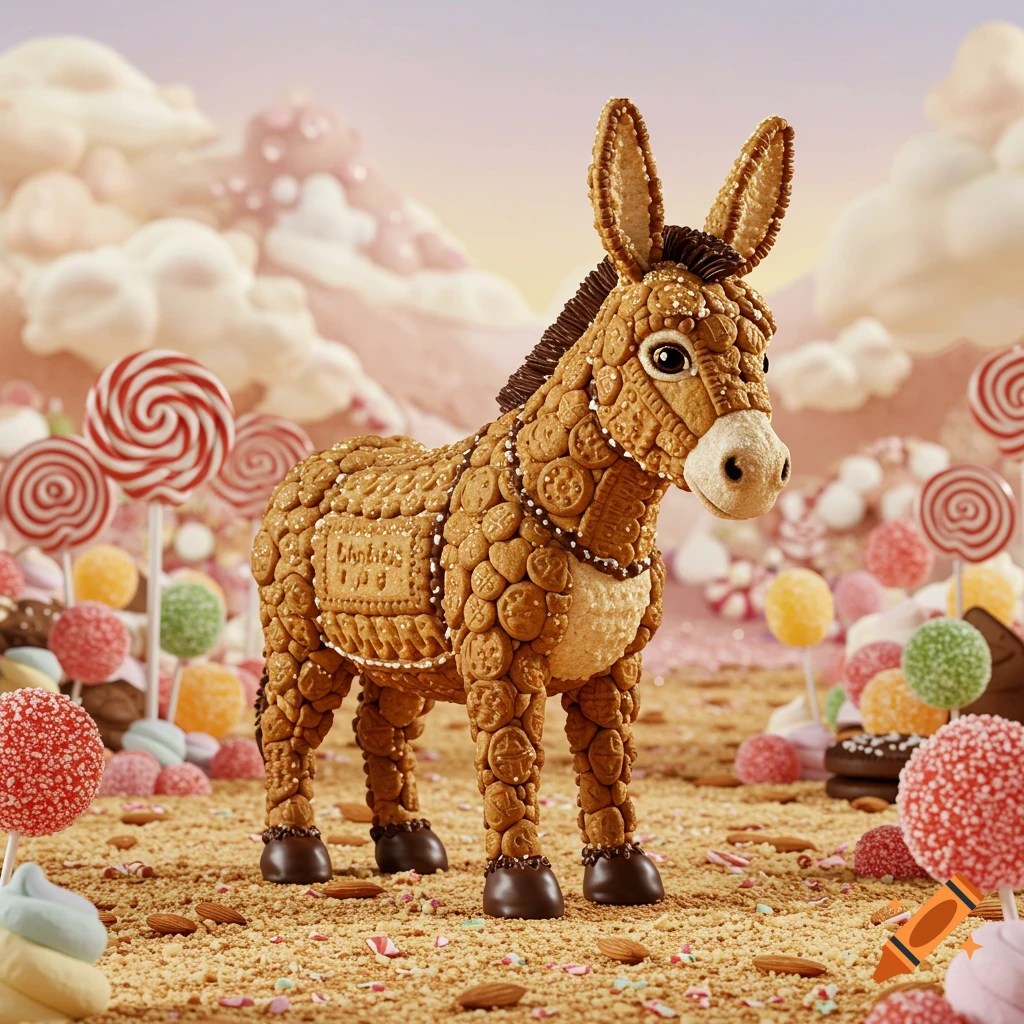 A donkey made of cookies stands in a sugary landscape filled with lollipops, candies, and crushed nuts, with pastel hills in the background. Photorealistic style.