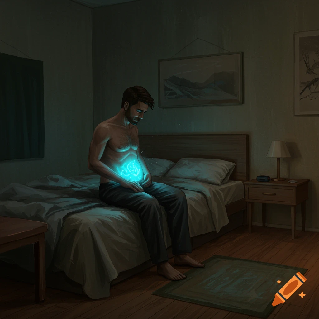 A man with a glowing blue stomach sits on his bed in a dimly lit room.