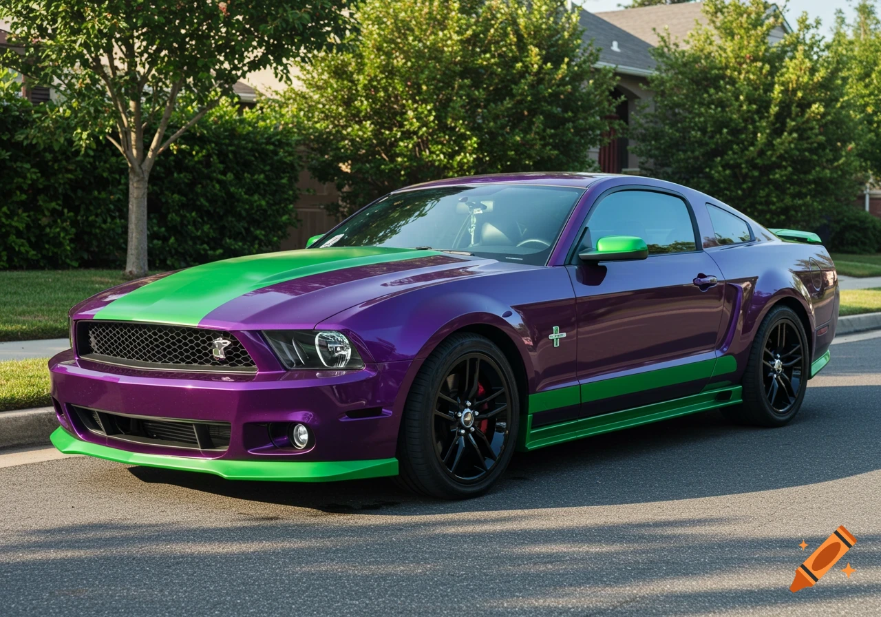 A photo-realistic purple and green Ford Mustang is parked on an asphalt street in a residential area.