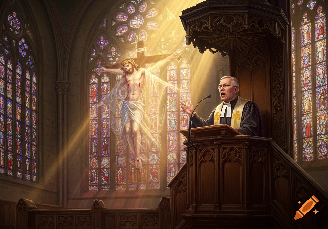 A pastor preaches from a wooden pulpit in a church, with a luminous depiction of a crucified and resurrected Jesus floating behind him, illuminated by golden light rays streaming through stained glass windows.