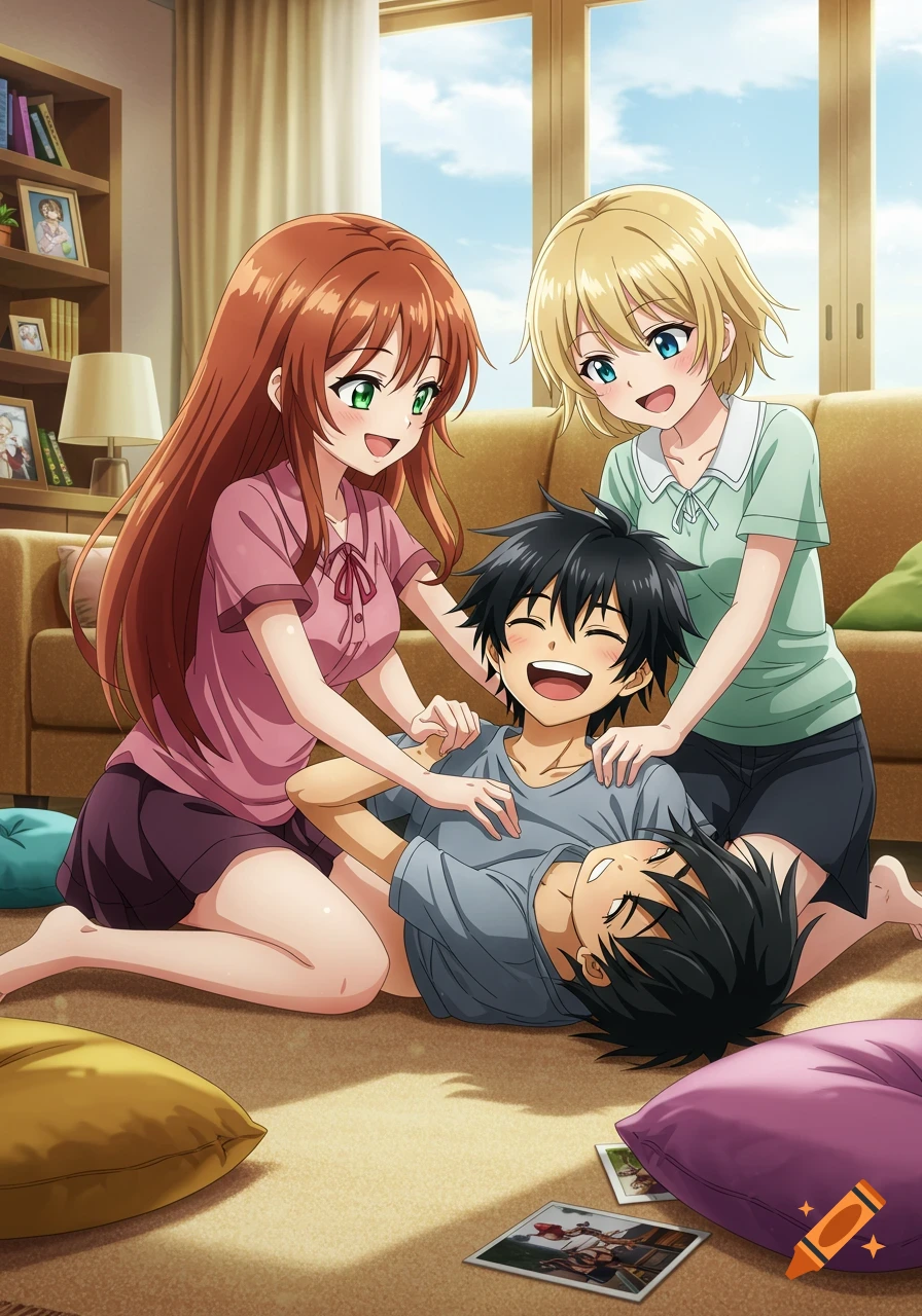 An anime-style image of two young women tickling a laughing teenage boy on the floor of a sunlit living room.