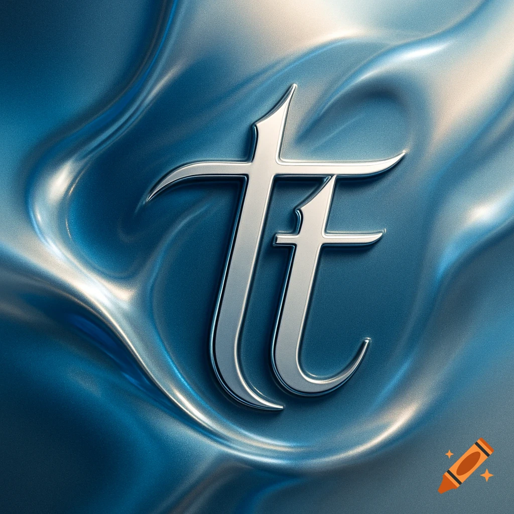 Two shiny, silver stylized letters 'tt' are prominently displayed on a wavy, metallic blue fabric background.
