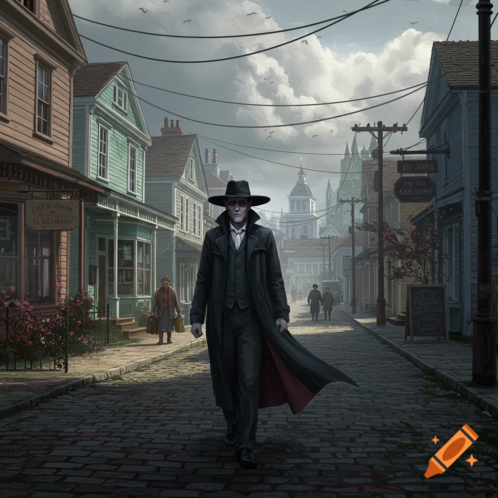 A pale-faced vampire in a long coat and wide-brimmed hat walks down a cobblestone street in a cloudy, old-fashioned town.