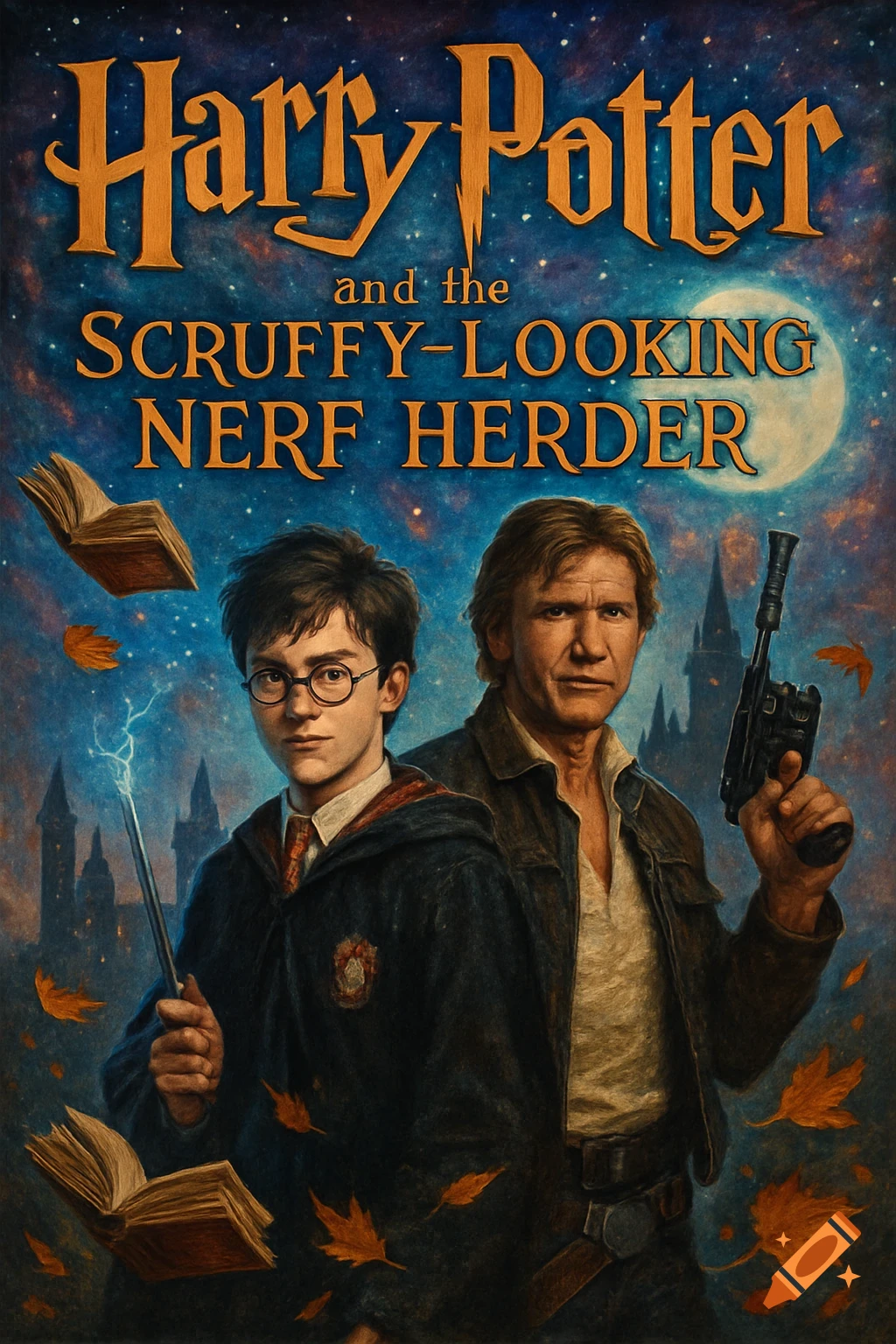 Illustrated book cover showing Harry Potter with a wand and Han Solo with a blaster against a starry, moonlit castle background.