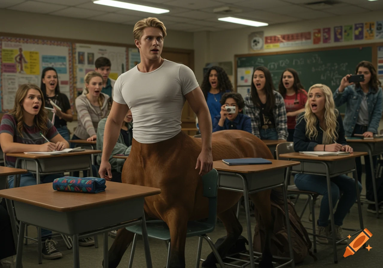 A photorealistic image of a centaur standing in a high school classroom while students stare in shock.