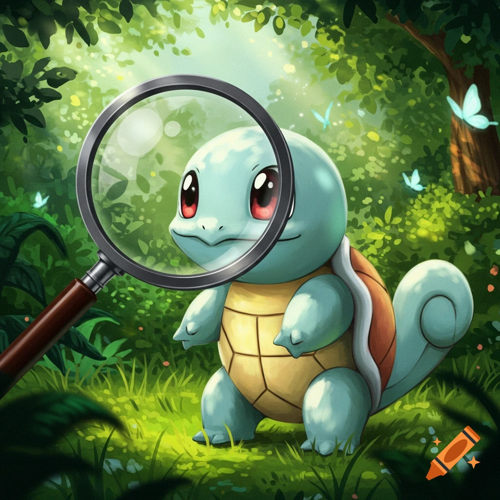 A cartoon Squirtle character holding a magnifying glass in a lush, sunlit green forest with butterflies.
